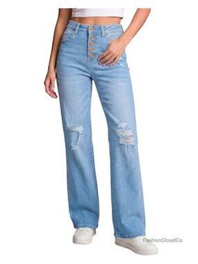 High Waisted Bell Bottom Jeans Ripped Flare Stretch Denim Pants